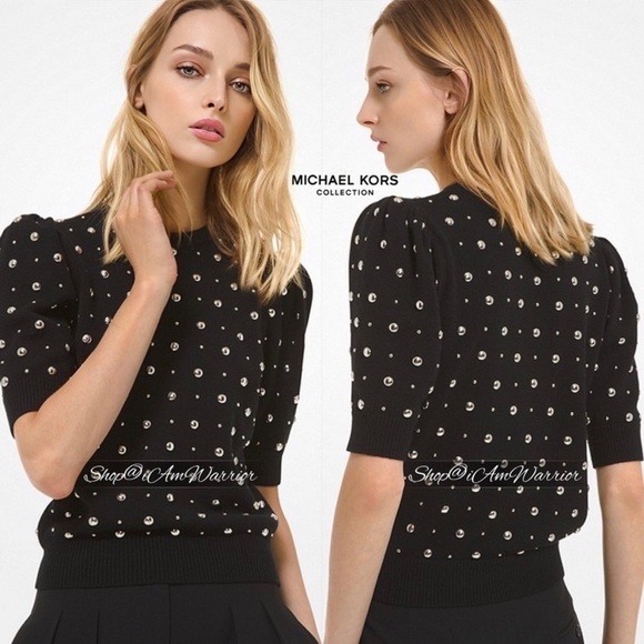 Michael Kors Collection black Italian cashmere studded puff short sleeve sweater - Picture 1 of 14